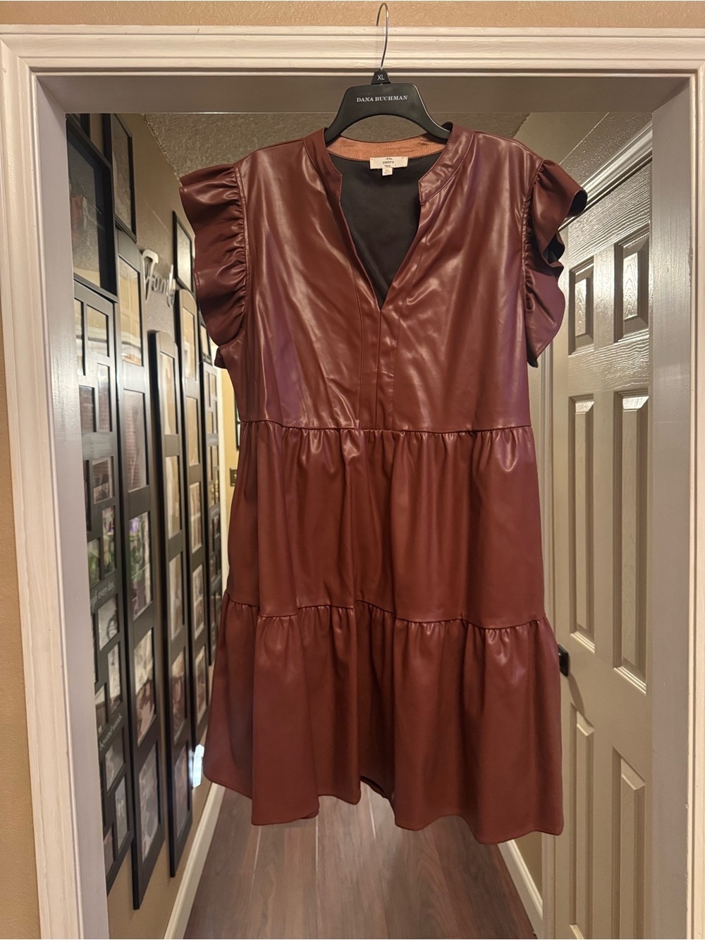 entro Burgundy Faux Leather Tiered Mini Dress